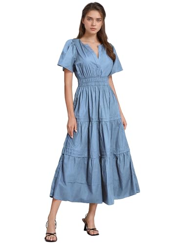 Image of ShallWe Women's Basic Plain Summer Dress Casual Long Maxi Short Sleeve Layered Cotton V Neck A Line Fashion Travel