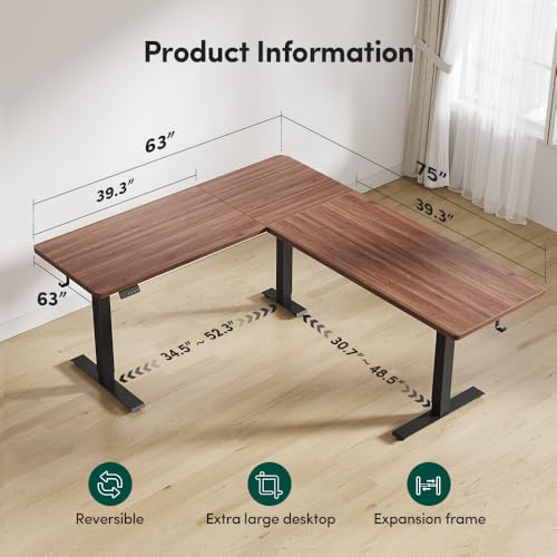 Image of FEZIBO 75x63 L Shaped Standing Desk, Electric Height Adjustable L Shaped Desk, Suitable for Home Office, Black Walnut
