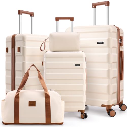 Hoteel 5 Piece Carry on Luggage Sets with Spinner Wheels, ABS Hard Shell Suitcase with TSA Locks, 20/24/28 Inch Lightweight Luggages for Travel, Beige(20/24/28/DB/TB)