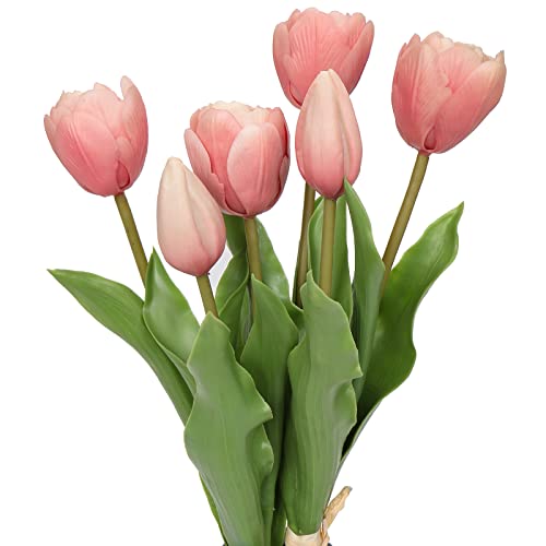 4 Tulipanes y 2 Capullos de Tulipanes Artificiales de Tacto Real, Tulipanes de Látex Artificial, Ramos de Flores, Arreglos de Mesa, Regalo para el Hogar, Oficina, Fiesta, Boda, Color Rosa