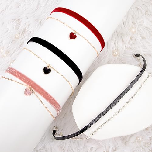 Heveer Samt Halskette Halsband Doppellagige Halskette mit Herz-Anhänger Verstellbare Gothic Choker für Damen Mädchen Rosa