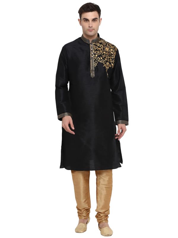 Kurta bleu en soie mélangée pour homme : affirmez votre héritage avec le churidaar noir