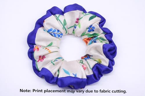 Image of Satin Scrunchies Hair Bands for Women | No-Damage Elastic Hair Ties for Ponytails & Buns | Fluffy & Stylish Rubber Bands | Extra Large Size | Pack of 1 (Floral Print Blue)