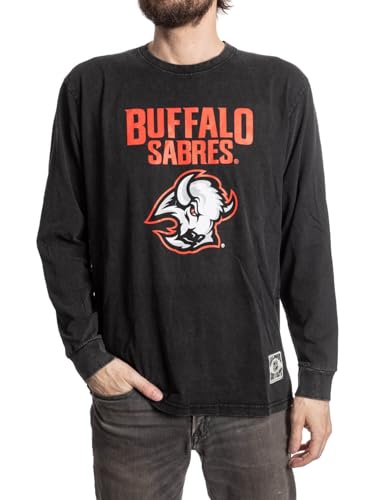 Calhoun NHL Buffalo Sabres Goathead Acid Wash Long Sleeve Shirt Vintage Hockey Graphic Tee Mens Washed Cotton Crewneck (X-Large)
