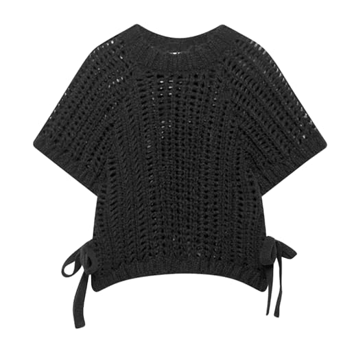 Women Crew Neck Chunky Knit Crop Vest Cute Loose Fit Short Sleeve Side Bow Tie Crochet Cropped Sweater Tank