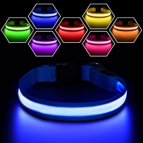 PcEoTllar Light Up Dog Collars, Rechargeable Led Dog Collar with Automatic 7-Color Changes, Water Resistant Lighted Dog Collar for Night Walking with High Visibility, Bright Glow Dog Collar(Blue, S) Cover