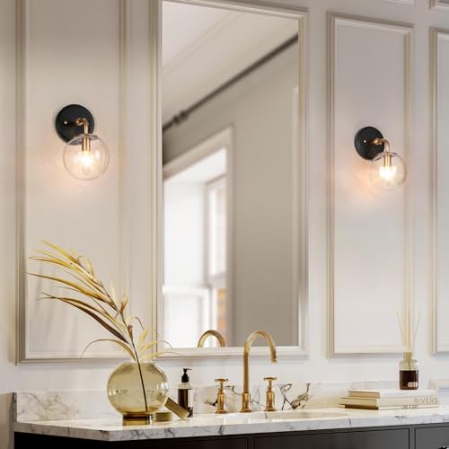 Image of KSANA Black Gold Wall Sconces, 1-Light Globe Sconces Wall Lighting with Seeded Glass Shade, Modern Bathroom Wall Sconce Light Fixtures for Kitchen, Bedrooms, Hallway, Powder Room