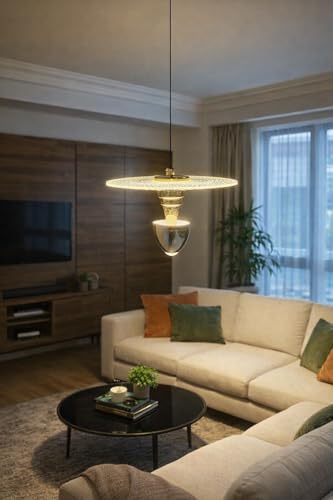 Image of Modern Crystal Led Disc Pendant Light with Warm LED Illumination | Designer Hanging Ceiling Lamp for Living Room & Dining Space & Home Decor
