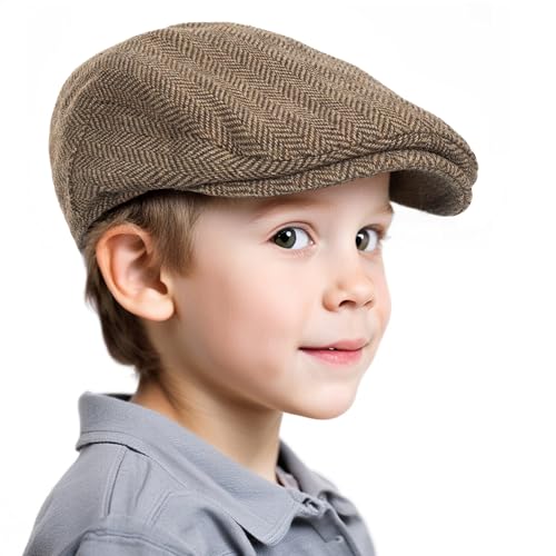 Bawnhaw Kids Tweed Newsboy Cap for Boys Toddler, 20s Flat Beret for Little Gentlemen Pageboy Fedora Cabbie Herringbone Hat Coffee