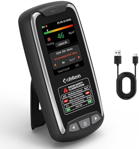 LifeBasis Radon Detector with TFT Color Display, Portable Radon Monitor for Home Rechargeable Radon Tester Long Data Storage with Visual and Audible Alarm First Data Display in 6 Hours pCi/L or Bq/m³