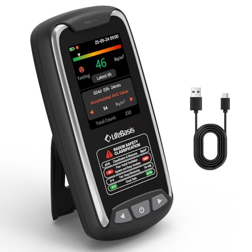 LifeBasis Radon Messgerät tragbar wiederaufladbarer Radonmonitor für Zuhause hochpräziser Sensor lange Datenspeicherung mit optischem und akustischem Alarm erste Datenanzeige in 6 St. Bq/m oder pCi/L