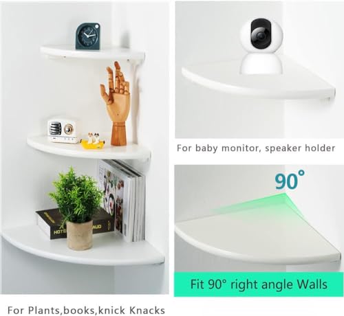 White Corner Shelf, Wall Mount Natural Oak Wood Floating Corner Wall Shelf Round End Small Corner Nightstand Plant Shelf for Bedroom, Kitchen, Living Room 10inch
