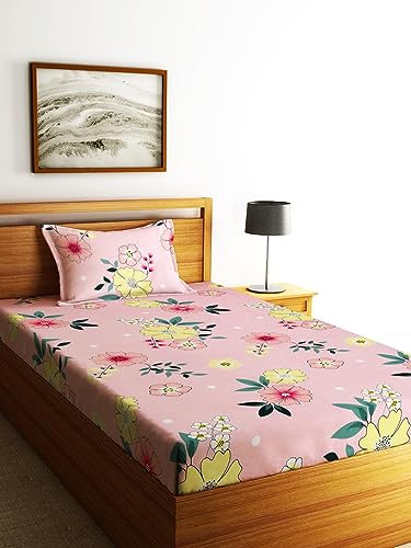 Image of Home Sizzler 144TC Garden Escape Pink Floral Single Bedsheet with 1 Pillow Cover
