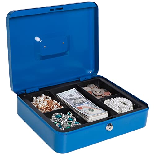 Kasten Metal Cash Box With Money Tray And Key Lock, Money Box For Cash Saving, 11.8"X 9.5"X 3.5", Large Blue #TOP1