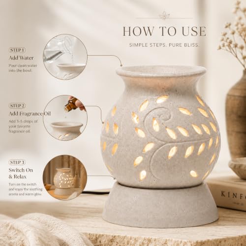 Image of BRAHMZ Ceramic Electric Aroma Oil Diffuser with Bulb - Ancient Matki Style Essential Oil Burner for Home, Bedroom, Pooja Room & Office | 12cm, White