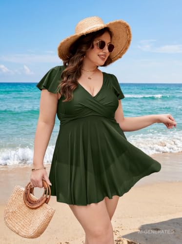 Image of Blooming Jelly Women's Plus Size Bathing Suit One Piece Swim Dress Tummy Control Swimsuits Ruffle V Neck Swimwear