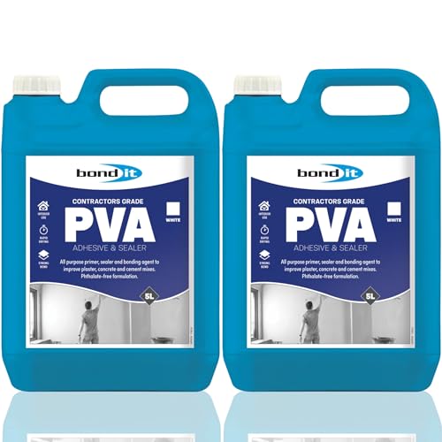 Bond It 1 Hour PVA Contractors Grade 2 Pack (5L Each) All Purpose PVA Glue Adhesive & Sealer for Plastering Walls Timber & Cement Quick Drying PVA Bond & Primer for Porous Surfaces