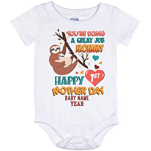 Happy 1st Mother's Day Sloth Custom Personalized Baby Onesie - Baby Infant Bodysuit, One Size, Baby Onesie - 12 Month/White