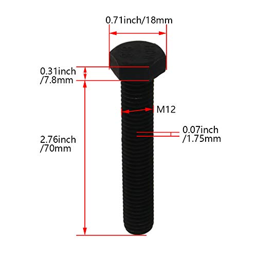 Image of Aicosineg M12 x 70mm Carbon Steel Grade 8.8 External Hex Head Screw Bolts Metric Thread Hexagon Bolts Fastener, 3.06''x0.71''x0.71''(Lx W x H) for Hardware Furniture Machinery Black 2pcs
