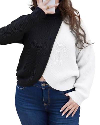 Image of ROSCHICO Plus Size Cropped Sweater Long Sleeve Color Block Ribbed Knit Pullover Black and White