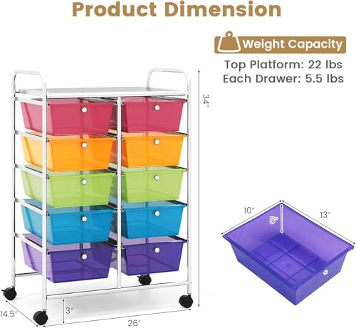Image of LDAILY 10 Drawer Rolling Cart, Storage Cart Organizer on Wheels, Drawer Cart with Metal Frame & Large Storage Capacity, Rolling Cart with Drawers for Living Room Classroom, Office