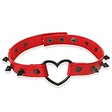 FM FM42 Red Simulated Leather PU Black-tone Heart Ring Rivet Spiked Necklace Neckband Choker PN2870