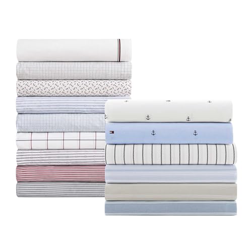 Image of Tommy Hilfiger - Queen Bed Sheets, Crisp & Cool Cotton Percale Bedding with Matching Pillowcases, Lightweight Bed Set, Oeko-Tex Certified (Sailing Stripe Blue)