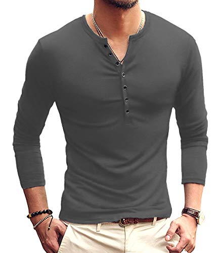 KUYIGO Mens Casual Slim Fit Basic Henley Long Sleeve Fashion T-Shirt S Dark Grey