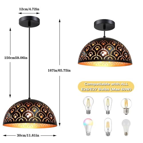 Image of Pendant Lights Kitchen Island Farmhouse Set of 2, Black And Gold Hanging Lamp Retro, Adjustable Height, 11.8 in Hollow Lampshade, E26 Vintage Chandeliers for Dining Room, Bedroom, Hallway, Entryway