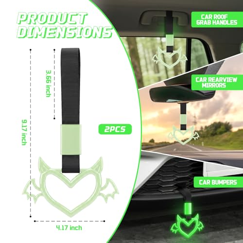 Image of 2 Pcs Devil Heart Shaped Car Handle Strap - JD M Drift Charm Rear Bumper Warning Ring Decor for Car Interior Exterior, Subway Bus Handle Accessory, Cute Heart Car Decor Gift (Luminous Green-Wing)