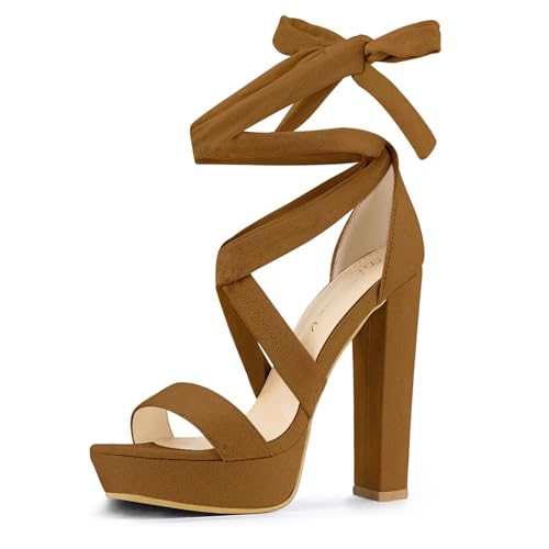 Allegra K Women's Lace Up Platform Heels Sandals Brown Heels Sandals 9 M US