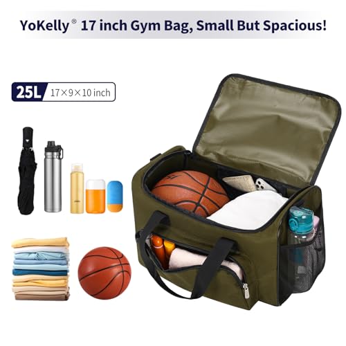 Image of 25L Small Gym Sport Duffle Bag, 17 inch, Olive Green | Multi Pockets, Sturdy, For Gym, Sport, Weekender Travel, Workout, Training