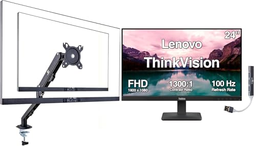 Image of Lenovo ThinkVision 24 inch FHD IPS Monitor w / 100 Hz Refresh Rate, VESA Mount | 4ms Response Time, Flicker Free, Anti-Glare, HDMI w / DKZ USB Hub, Black & ErgoFlexy Single Mount Arm