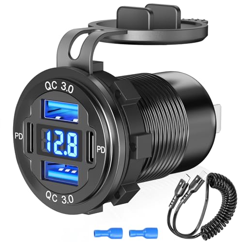 Aluminium 4-Port USB C 12V Steckdose 78W Ladegerät: Dual PD 30W und Dual QC 18W Auto USB Dose 12 Volt Einbau Zigarettenanzünder Stecker mit Voltmeter und C zu C Kabel, für Boot LKW Motorrad kfz
