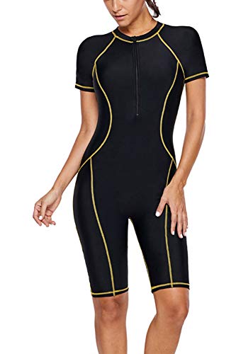 X-xyA Women One-Piece Snorkeling Surfing Swim Suit Rashguard Short Sleeves Wetsuit Swimwear,Black,XL