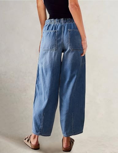 Barrel Jeans for Women Stretch Elastic Waist Pull-on Wide Leg Baggy Pants Lightweight Casual Crop Denim with Drawstring2