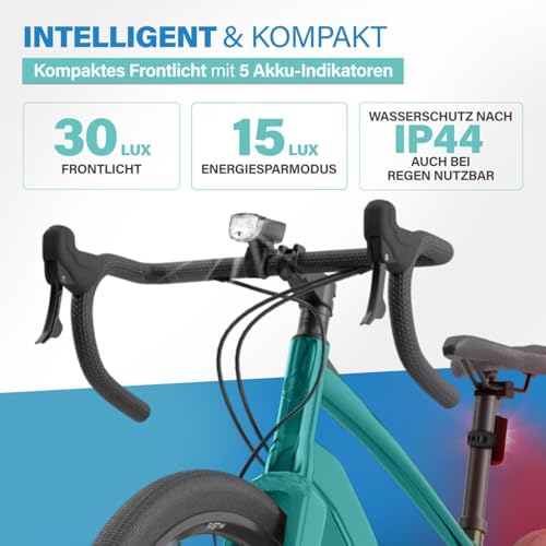 FISCHER Fahrrad-Beleuchtungsset 30/15 Lux, Akku-Leuchtenset TWIN, Front- und 360° Rückleuchte, mit...