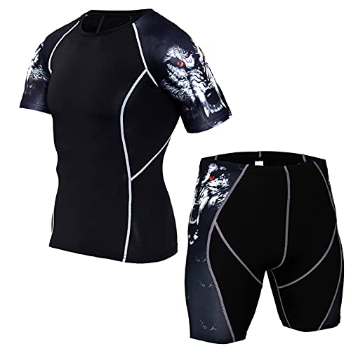 Chándal de fitness para hombre, ajustado, elástico, de secado rápido, camiseta de entrenamiento para hombre con manga corta, traje de dos piezas, traje corto de verano, traje de jogging, Negro , XL