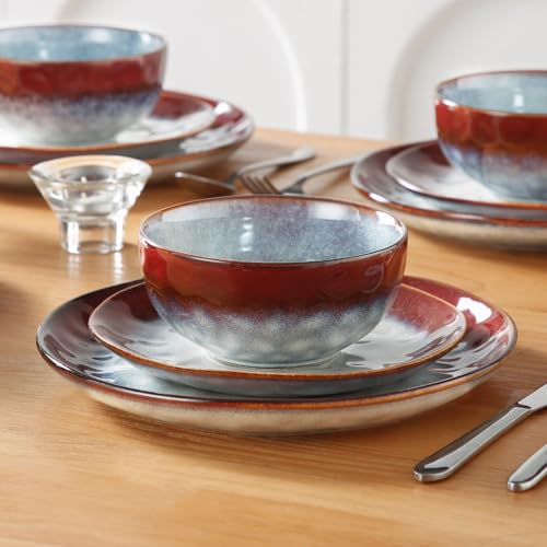 Image of vancasso Starry Dinnerware Set for 4, Handmade Reactive Glaze Stoneware 12 Pieces Plates and Bowls Sets, Dishwasher and Microwave Safe Dish Set, Red