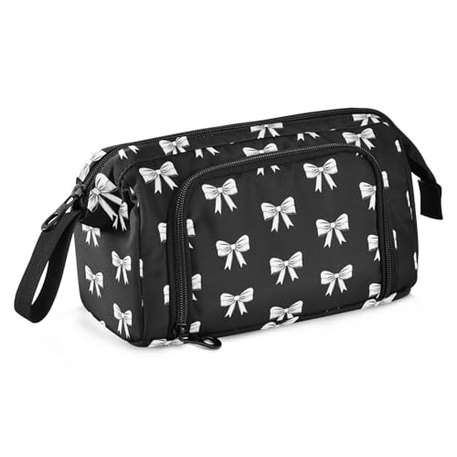 Image of Ribbon Bow Black Pencil Case Pouch Big Capacity Pencil Bag Box Organizer Pen Case with Zipper Pencil Boxes for Girls Boys Women School College Office