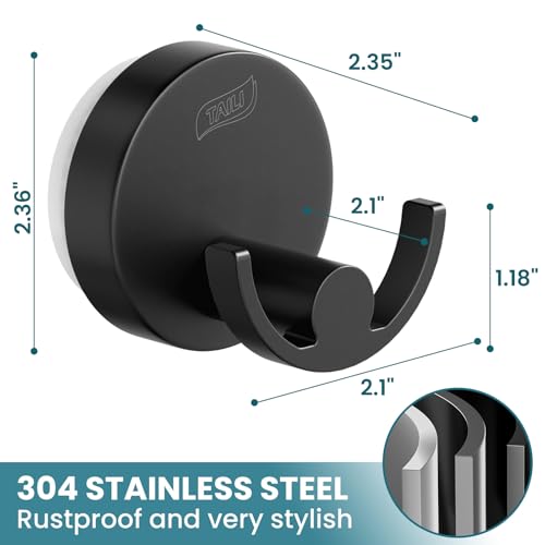Image of TAILI 304 Stainless Steel Bathroom Suction Hooks for Towel, Bathrobe, Loofah, Patented Strong Suction Cup Holder, No Damage Hanging Glass Shower Wall Hook, Double-Hook Sleek Design, 2 Pack, Black
