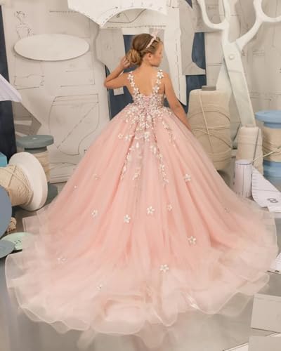 Tulle Flower Girl Dress Lace Appliques Girls Pageant Dress Ruffles First Communion Dress with Long Train2