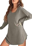 Ekouaer Womens Nightgown Waffle Knit Long Sleeve Nightgown Sleep shirts Night Dress for Women Khaki L