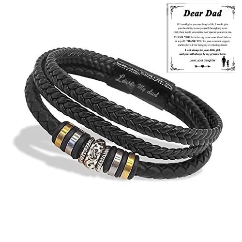 Dad Bracelet as Christmas Gifts for Dad from Daughter, Mens Leather and Steel Magnetic Braided Cuff Bracelet, Handmade Bracelet to My Dad Birthday Gifts from Son