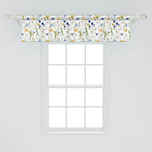 Ambesonne Flower Window Valance, Wild Flowers Poppies And Daisies Rural Nature Scenery In Meadows Rustic, Curtain Valance For Kitchen Bedroom Decor With Rod Pocket, 54" X 12", Blue Yellow #TOP1