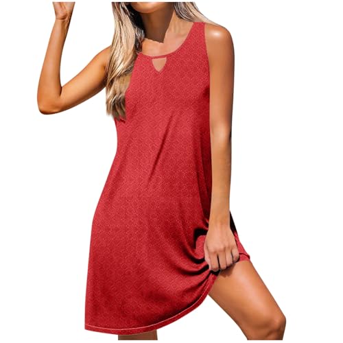 Summer Dresses for Women Trendy Keyhole Neck Boho Vacation Sundress Casual Sleeveless Beach Cover Ups with Pockets(Red,Large)