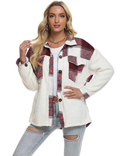Uaneo Womens Plaid Sherpa Fleece Button Down Long Sleeve Shirt Jackets Shackets (Wine-fleece, L)