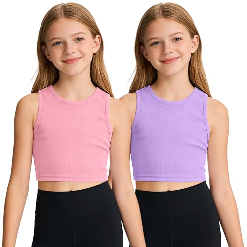 Image of Auranso Girls Tank Tops 2 Pack Ribbed Knit Sleeveless Crop Tops for Kids