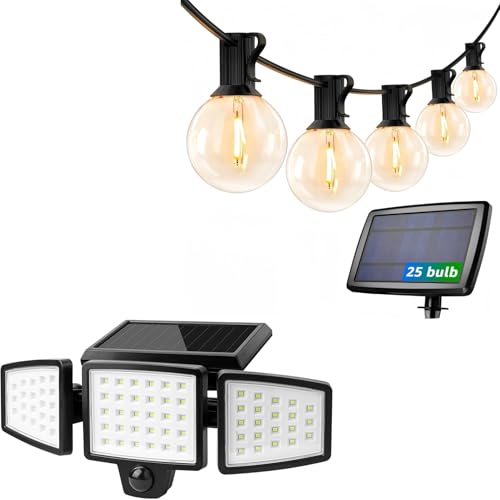 LE Bundle - Solar Flood Light 3 Adjustable Heads & 25 ft Solar String Lights G40 Edison Bulbs String Lights