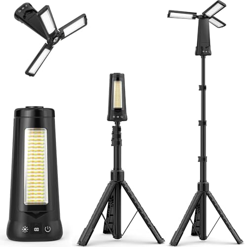 Projecteur de Chantier avec Trépied, 12000mAh Rechargeable Lampe de Camping LED à 3 Têtes, 5000LM 6500/4500/3500K Réglable & 5 Mode, Lampe de Travail...